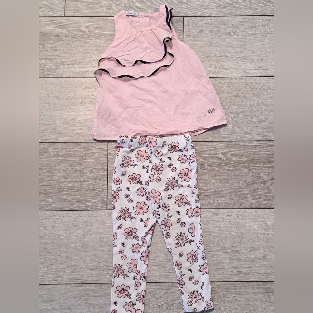 Brand NEW Calvin Klein Baby Girl Pink Ruffled Top and Floral Leggings Set